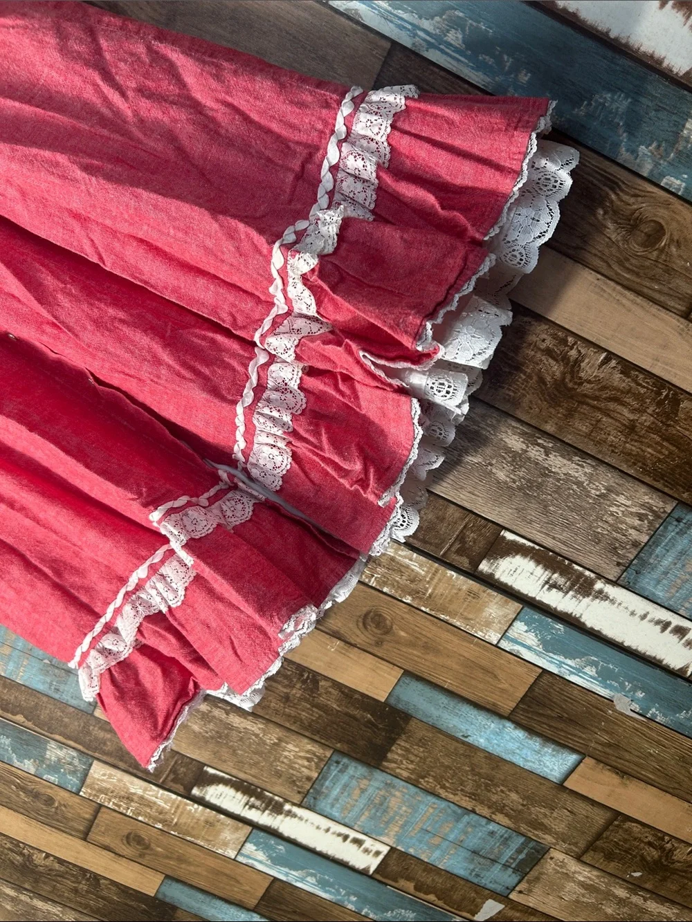 Brand Red Ruffled A-Line Midi Skirt with Lace Trim western - Picture 5 of 16